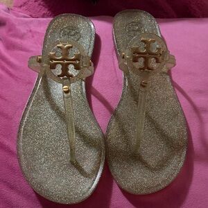 Tory Burch Gold Glitter Jelly Logo Thong Sandals
